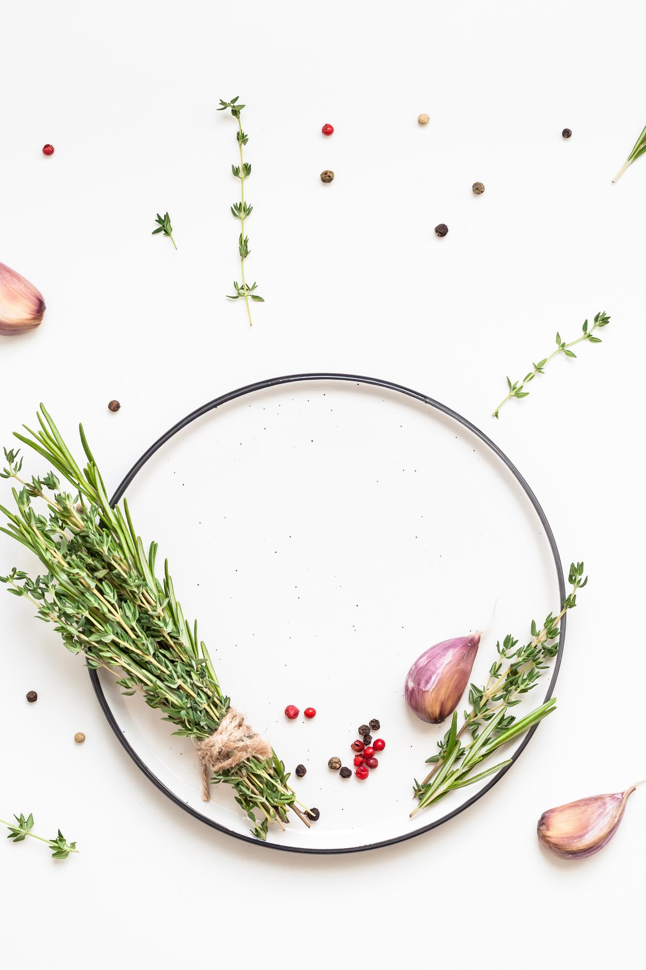 Sunlit studio counter with plated tasting portions and herbs